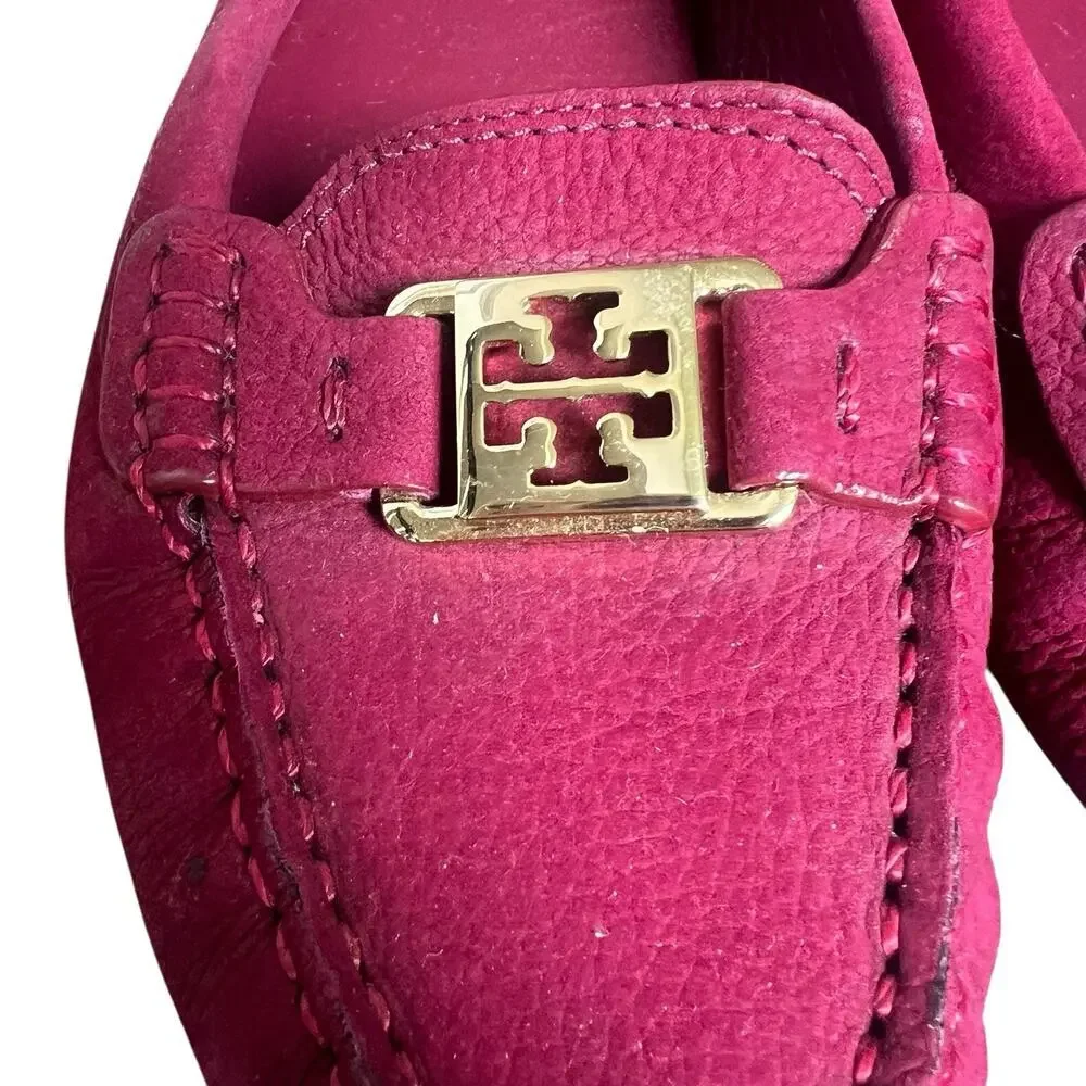 Tory Burch Cranberry Red Kendrick Driver Loafers Size 7 .5 Flats Leather